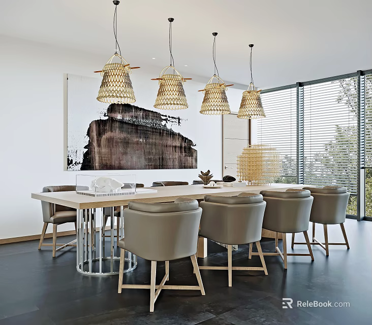 Elegant Modern Restaurant Interior With Marble Dining Table And Stylish Lighting 3d model 