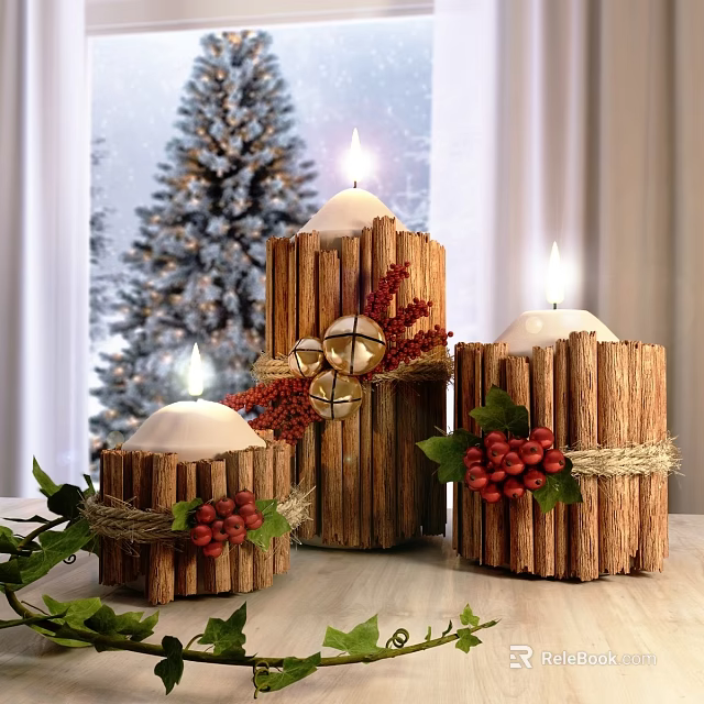 Wooden Candle Lamps with Red Berries Green Leaves and Bells against Christmas Tree Background 3d model 
