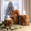 Wooden Candle Lamps with Red Berries Green Leaves and Bells against Christmas Tree Background