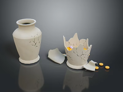 White Ceramic Vases Showing Intact Body And Broken Structure With Yellow Pellets And Fragments 3d model