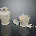 White Ceramic Vases Showing Intact Body And Broken Structure With Yellow Pellets And Fragments