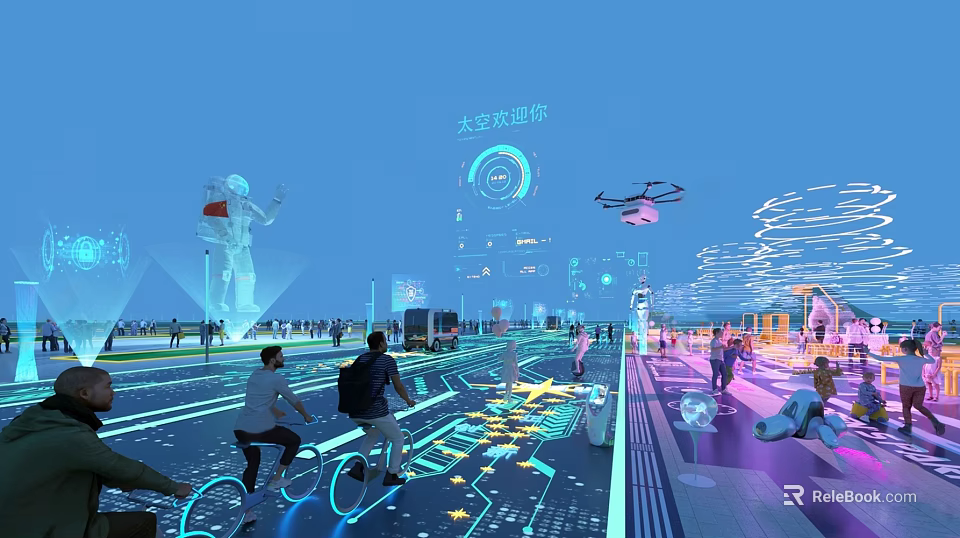 Futuristic City Scene With Space Travel Theme Astronaut Holograms Drone And Cycling Citizens 3d model