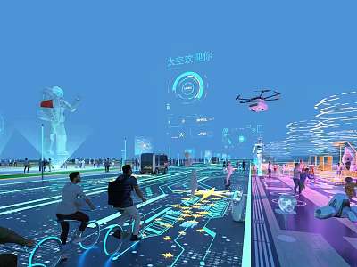 Futuristic City Scene With Space Travel Theme Astronaut Holograms Drone And Cycling Citizens 3d model