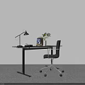 Modern Home Office Desk Setup With Black Chair Lamp And Green Plant
