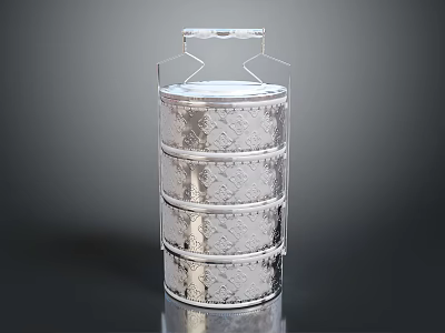 Silver Patterned Tiered Storage Container With Stackable Layers And Handle 3d model