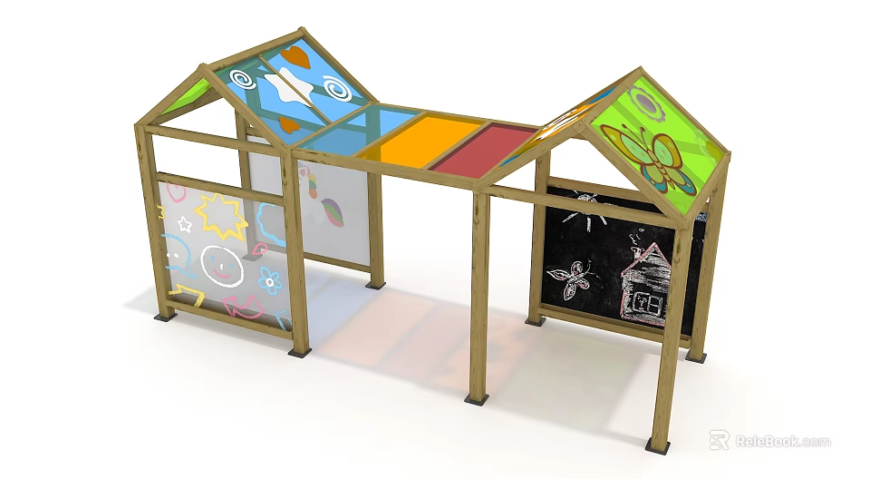 Colorful Children's Play Area With Transparent Panels Chalkboard And Sun Star Butterfly Designs 3d model 