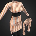 Orange And White Striped Outfit With High Neck Long Sleeve Top Short Skirt And Stockings
