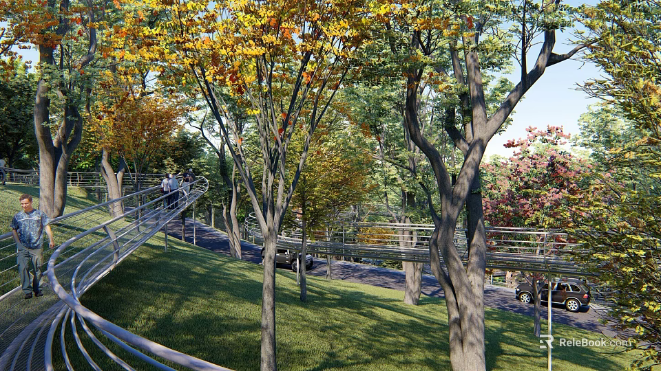 Road Facilities Surrounded by Trees and Greenery Sloped Path with Railings in Urban Park Area 3d model 