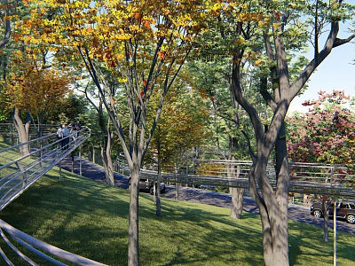 Road Facilities Surrounded by Trees and Greenery Sloped Path with Railings in Urban Park Area 3d model