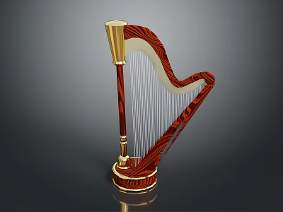 Exquisite Wooden Harp With Golden Accents Strings And Elegant Base 3d model