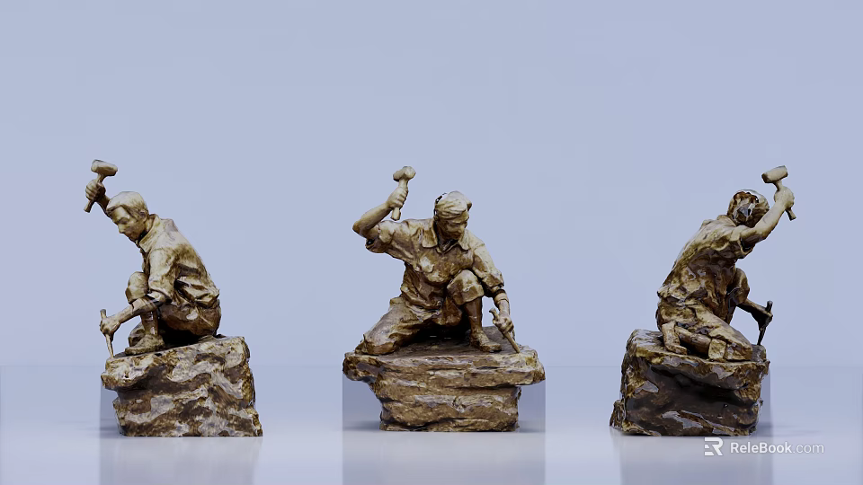 Artistic Farmers Sculptures With Different Poses On Stone Base Bronze Color 3d model 