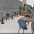 Bright Restaurant Interior With Blue Chairs Wooden Tables Green Plants And White Hexagonal Tiles Floor