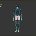 3D Character With Blue Hair Dark Blue Tight Top Light Shorts Black Leggings And Barefoot