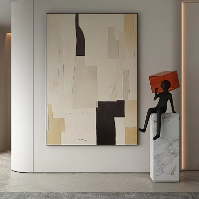 Modern Interior Featuring Abstract Painting Black Sculpture On Marble Pedestal And Red Cube 3d model