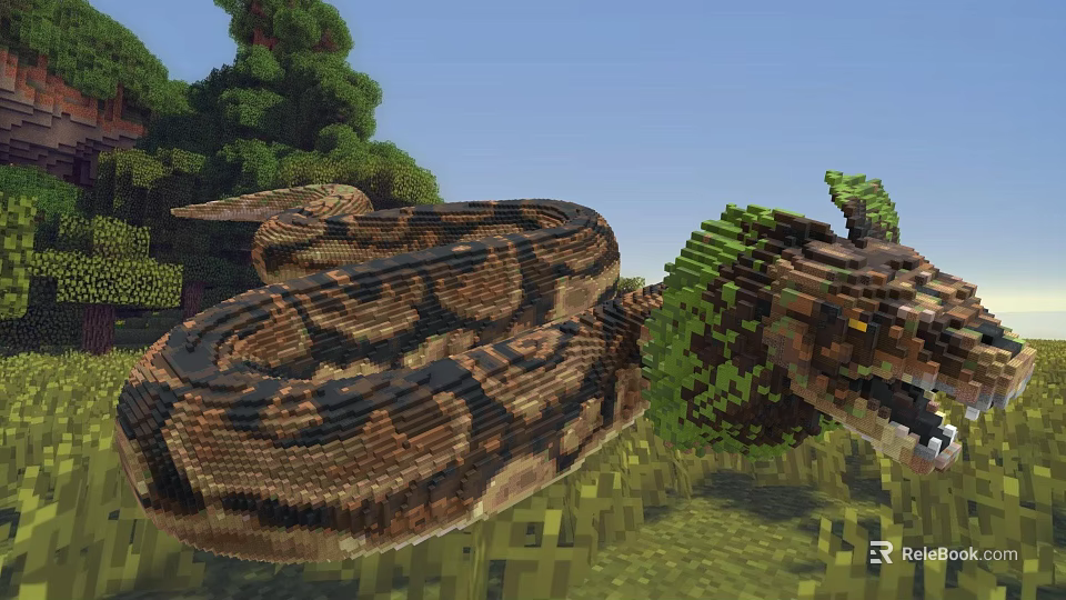 Minecraft Style Giant Snake Game Character With Pixel Art Green Head And Brown Scales 3d model 