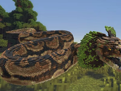 Minecraft Style Giant Snake Game Character With Pixel Art Green Head And Brown Scales 3d model