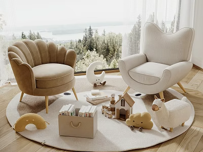 Cozy Single Sofas With Kids Toys On Round Carpet By Floor To Ceiling Windows And Natural View 3d model