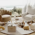 Cozy Single Sofas With Kids Toys On Round Carpet By Floor To Ceiling Windows And Natural View