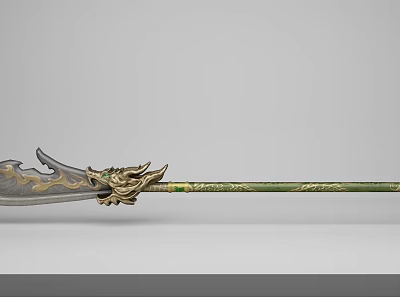Ancient Weapon With Golden Dragon Ornament Green Handle And Intricate Blade Patterns 3d model