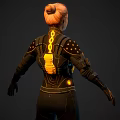 Futuristic Character In Black Armor With Orange Glowing Details Front Back View