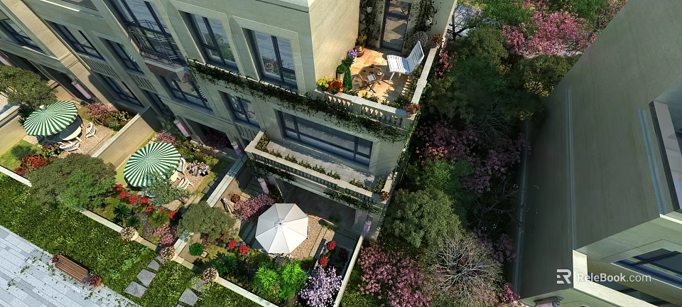 Balcony Garden Landscape With Lush Green Plants Colorful Flowers And Outdoor Seating 3d model 