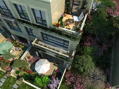 Balcony Garden Landscape With Lush Green Plants Colorful Flowers And Outdoor Seating 3d model