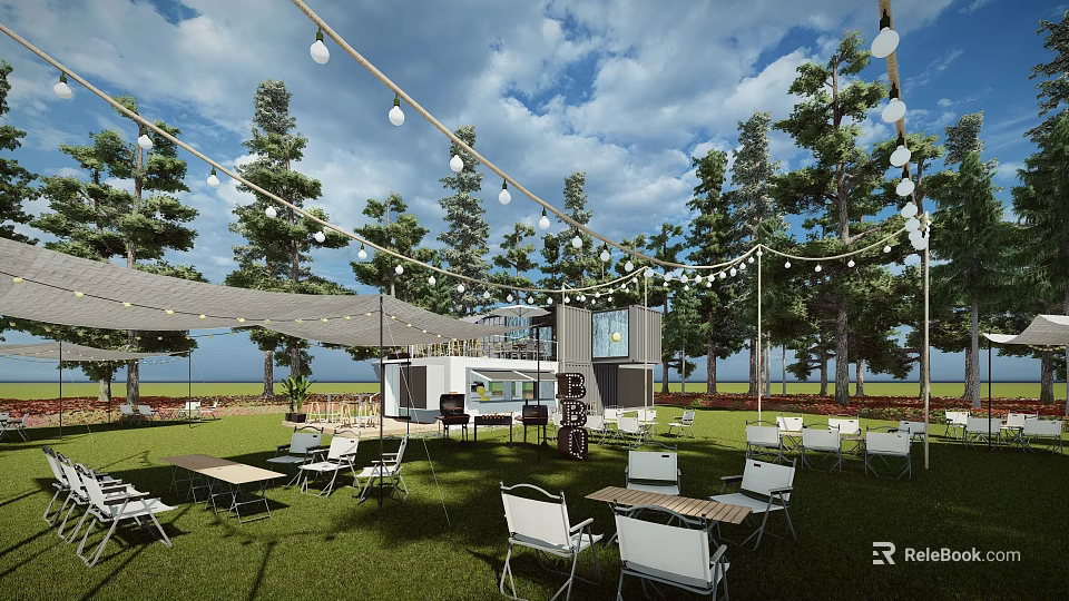 Modern Outdoor Shipping Container Building With Lawn Seating String Lights And Trees 3d model 