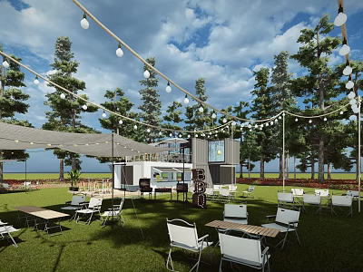 Modern Outdoor Shipping Container Building With Lawn Seating String Lights And Trees 3d model
