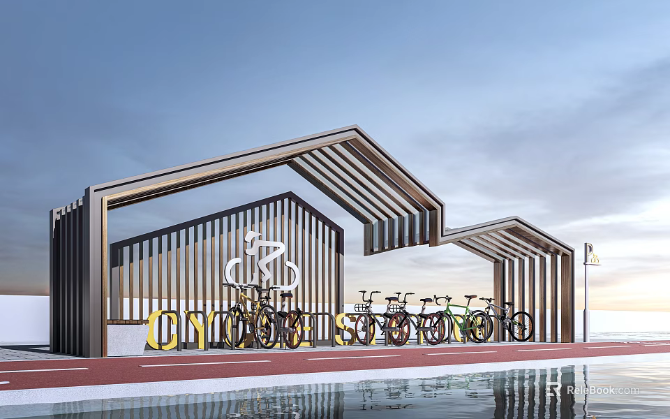 Modern Wooden Bike Shelter With Striped Roof For Outdoor Bicycle Parking 3d model 
