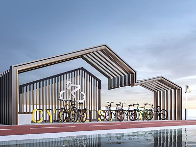 Modern Wooden Bike Shelter With Striped Roof For Outdoor Bicycle Parking 3d model