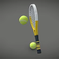 Sports Equipment Yellow White Tennis Racket with Yellow Balls One on Surface Another on Ground
