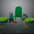 Green Chair With Round Cushions Potted Plant Clay Pot Colorful Blocks And Orange Cylinders Scene