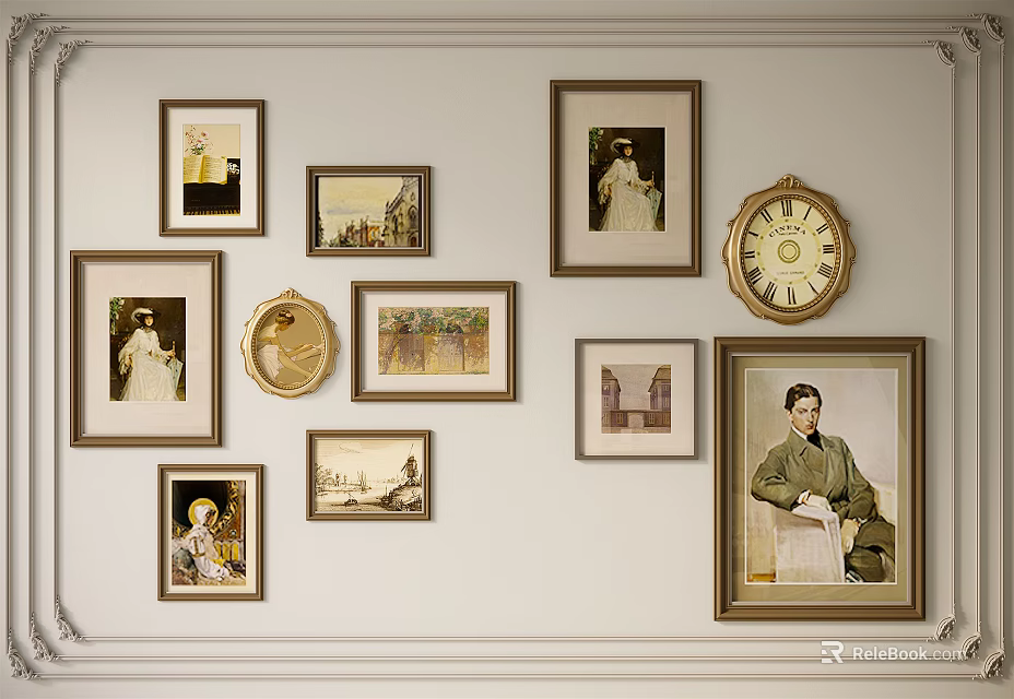 Vintage Wall Decor Featuring Various Framed Artworks And Classic Clock 3d model 