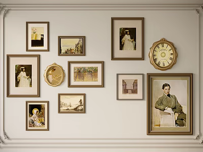 Vintage Wall Decor Featuring Various Framed Artworks And Classic Clock 3d model