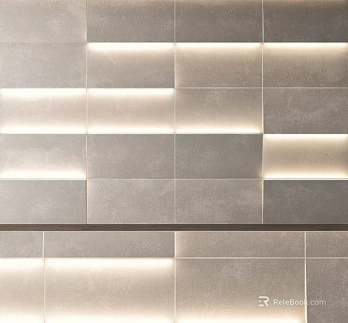 Modern Gray Tile Wall With Horizontal Arrangement And Built In Lighting Creating Layered Interior Look 3d model 