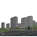 Commercial Street With High Rise Buildings Urban Traffic Greenery And Blue Sky