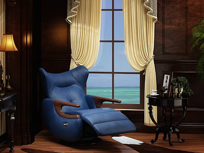 Elegant Blue Leather Massage Chair In Luxurious Room With Large Window And Yellow Curtains 3d model