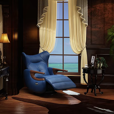 Elegant Blue Leather Massage Chair In Luxurious Room With Large Window And Yellow Curtains 3d model