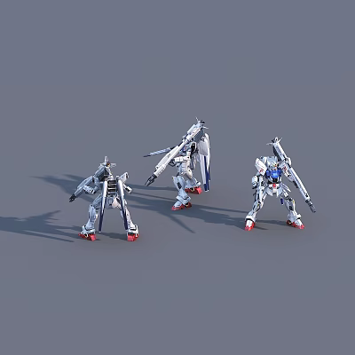 Three Game Movie Mecha Characters White Mechanical Figures With Weapons And Red Accents 3d model