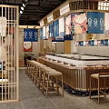 Japanese Style Hot Pot Restaurant Interior With Wooden Screens Hanging Banners And Bar Counter