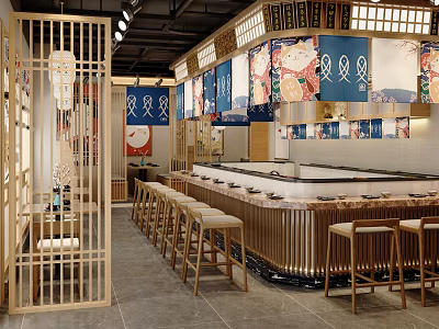 Japanese Style Hot Pot Restaurant Interior With Wooden Screens Hanging Banners And Bar Counter 3d model