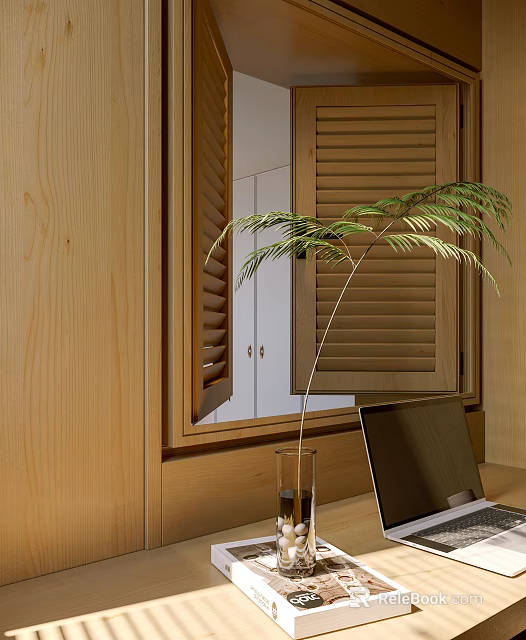 Fern Plant in Glass Vase on Windowsill with Wooden Blinds and Laptop Nearby 3d model 