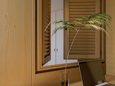 Fern Plant in Glass Vase on Windowsill with Wooden Blinds and Laptop Nearby 3d model