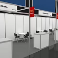 Exhibition Booth Layout With White Frames Blue Panels And Tables 3d model