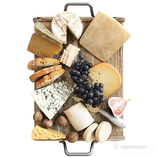 Assorted Cheese Platter On Wooden Board With Bread Grapes Fresh Fig And Nuts 3d model 