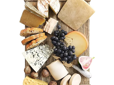 Assorted Cheese Platter On Wooden Board With Bread Grapes Fresh Fig And Nuts 3d model