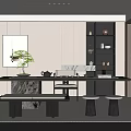 Minimalist Modern Tea Room Interior With Long Wooden Table Tea Sets And Green Plants