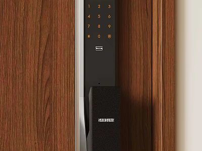 Smart Door Lock With Digital Keypad Installed On Wooden Door Surface 3d model