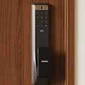 Smart Door Lock With Digital Keypad Installed On Wooden Door Surface
