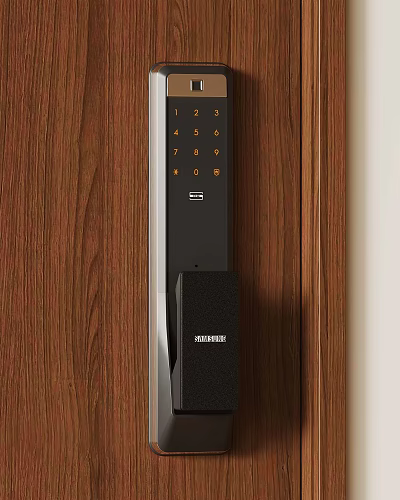Smart Door Lock With Digital Keypad Installed On Wooden Door Surface 3d model